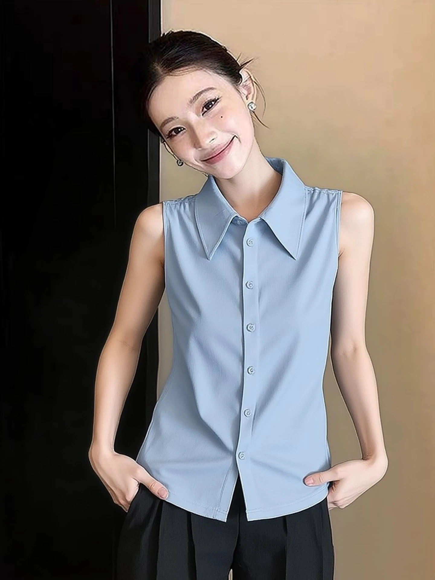 

Fashionable Pure Color Neck Shirt Spring Season Single Button Sleeveless Vest Versatile Stylish Korean Style Commute Wind