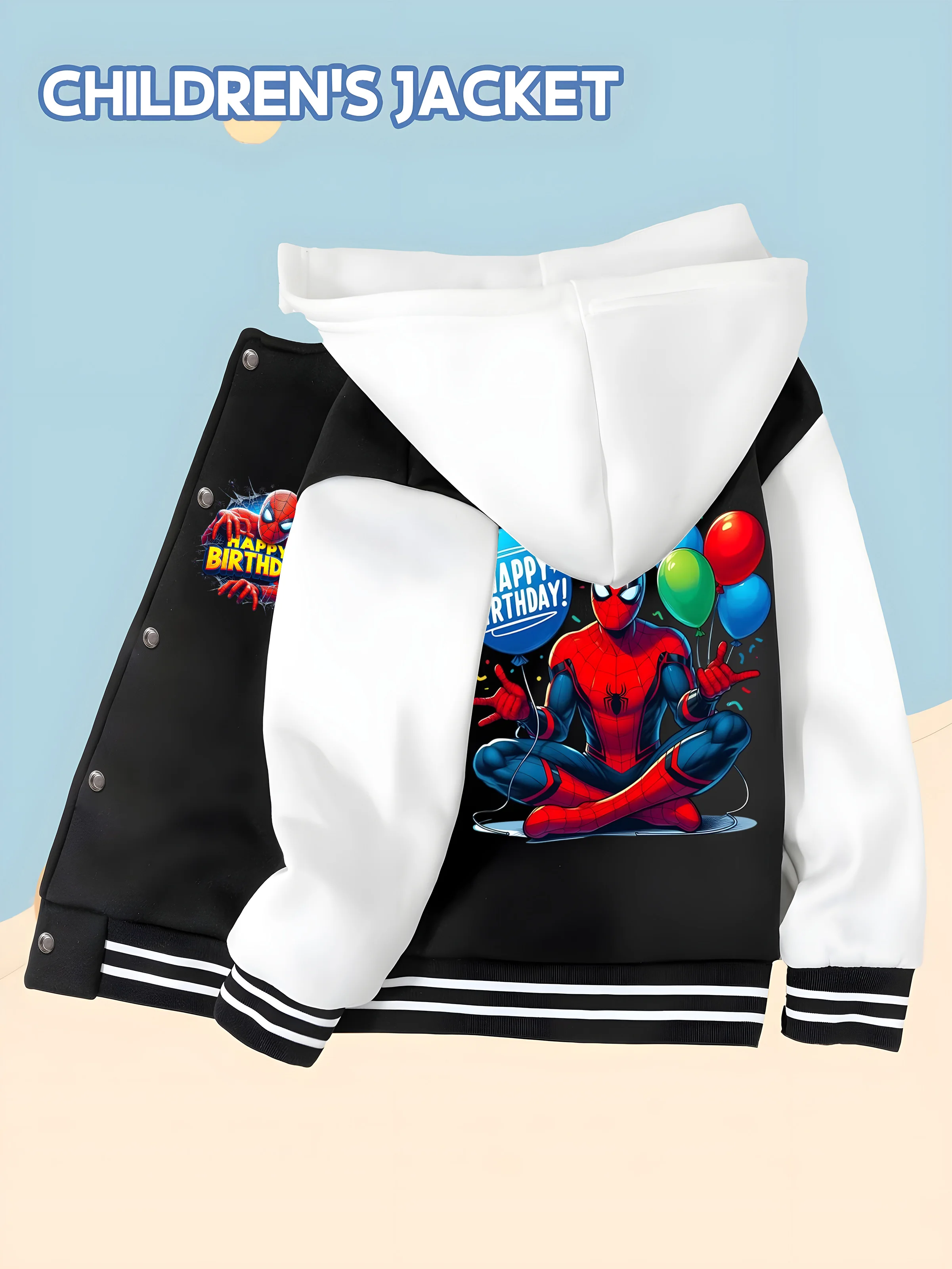 

MINISO Marvel Spider-Man Birthday Theme Children's Baseball Jacket - Trendy black and white, soft skin-friendly fabric, autumn a