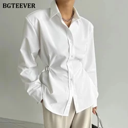 BGTEEVER Stylish Lapel Full Sleeve Women White Shirts Spring Summer Loose Single-breasted Female Blouses Ladies Tops Blusas