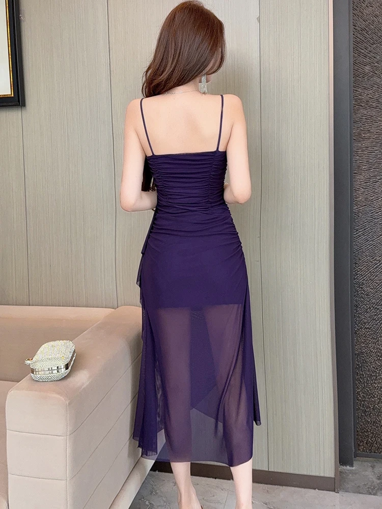 2025 Red Mesh Pleated Bodycon Sling Sexy Long Dress Summer Elegant Casual Ruffled Prom Dresss Women Korean Vintage Evening Dress