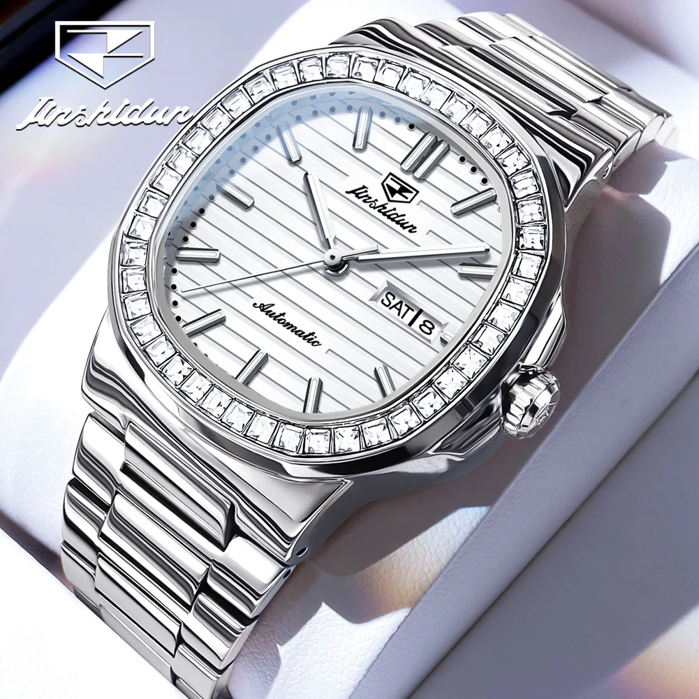 JSDUN Automatic Mechanical Wrist Watch for Men Luxury Diamond Square Sport Elegant Men's Watches Solid Stainless Steel Man Watch