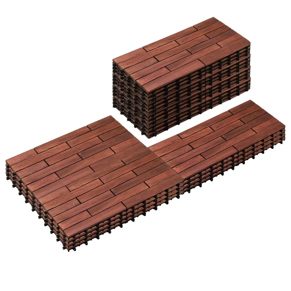 24 PCS Solid Acacia Wood Interlocking Patio Deck Tiles - 24