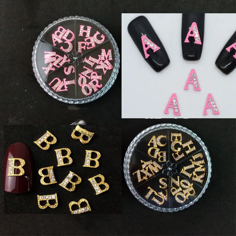 

26Pcs/Set English Letter Diamond Nail Charms Gold Pink Manicure DIY Rhinestones 3D Alphabet Nail Art Gems Jewelry Press on Nails