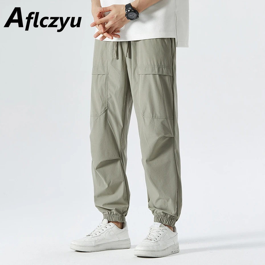 

Solid Color Joggers Men Summer Thin Ankle-length Pants Fashion Casual Sweatpants Male Elastic Waist Pants