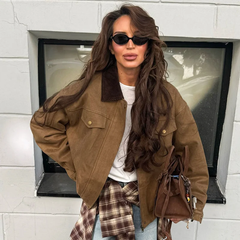 

Вельветовое лоскутное пальто в стиле сарая, осень-зима, американское замшевое женское пальто в стиле ретро