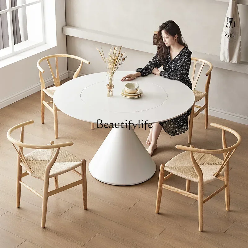 

Deli Fung rock slab dining table French cream pure white round rock slab
