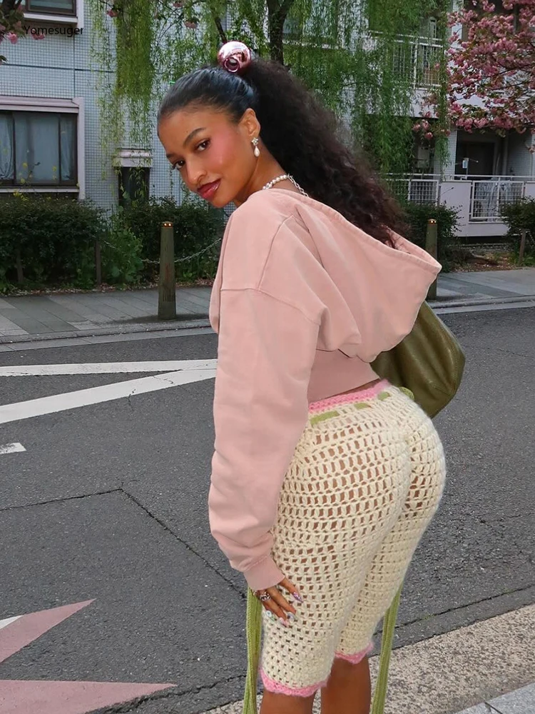 Yomesugar عادية الصوف المحاصيل هوديي المرأة محب المجهزة الخصر المرقعة الخامس الرقبة كم كامل قناع السترة Harajuku الشارع الشهير #2