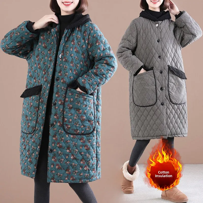 

Thiened Cotton lin Floral Print Jaet Coat with Hood Medium Length for plus Size Women Autumn Winter Warm Cotton Outerwear