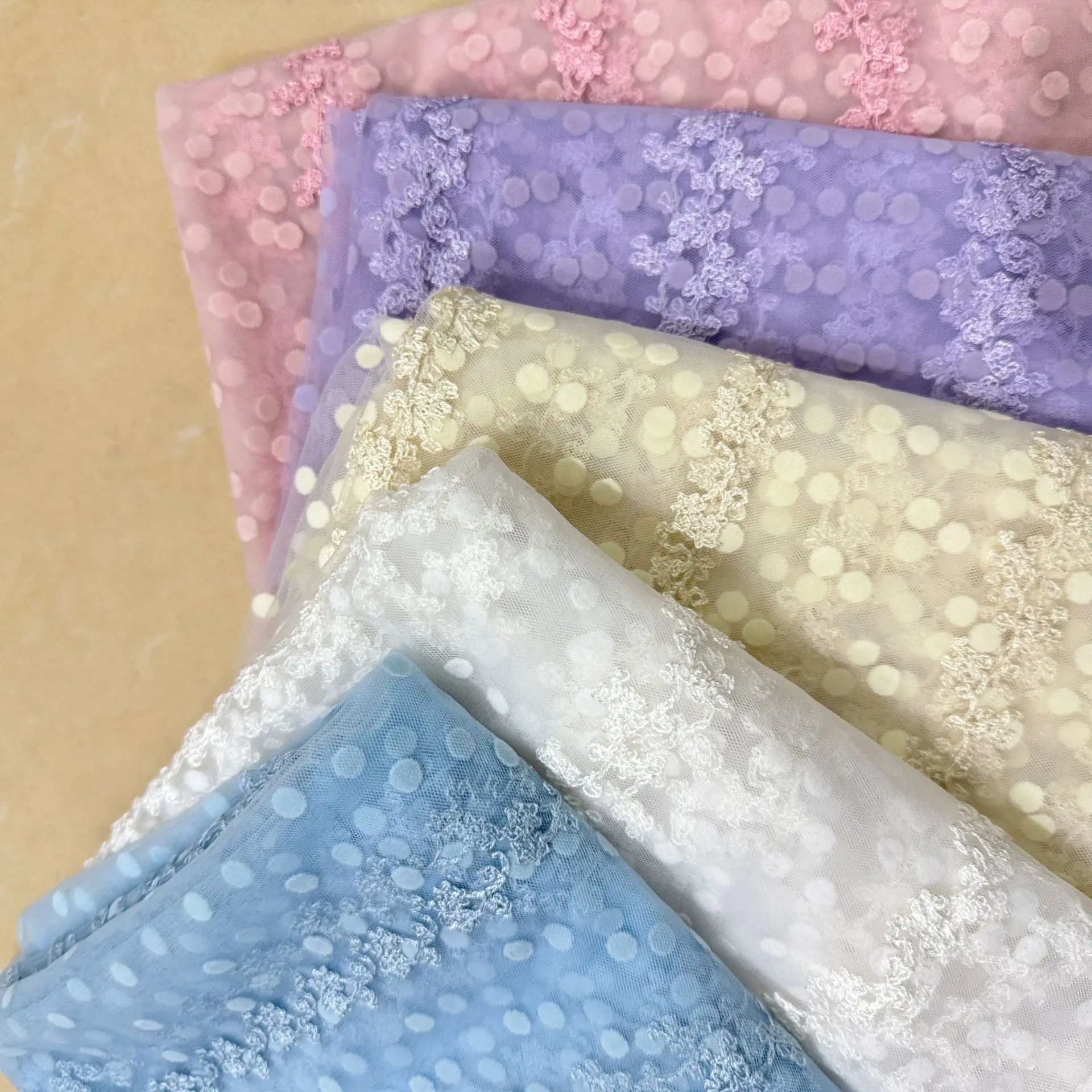 Jacquard Style Small Flower Lolita Head Decorative Mesh Fabric Breathable Flocking Mesh Embroidered Vertical Strip Hook Fabric