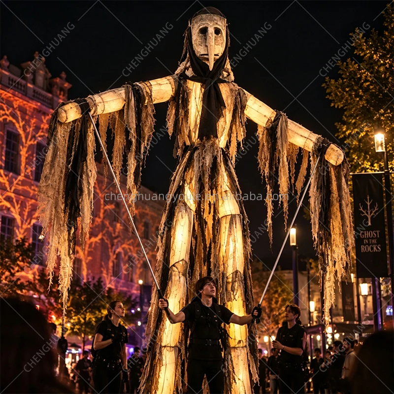 Giant Inflatable Plague Doctor Puppet, LED Light Walking Handheld Model, Halloween Parade & Carnival Performance Prop