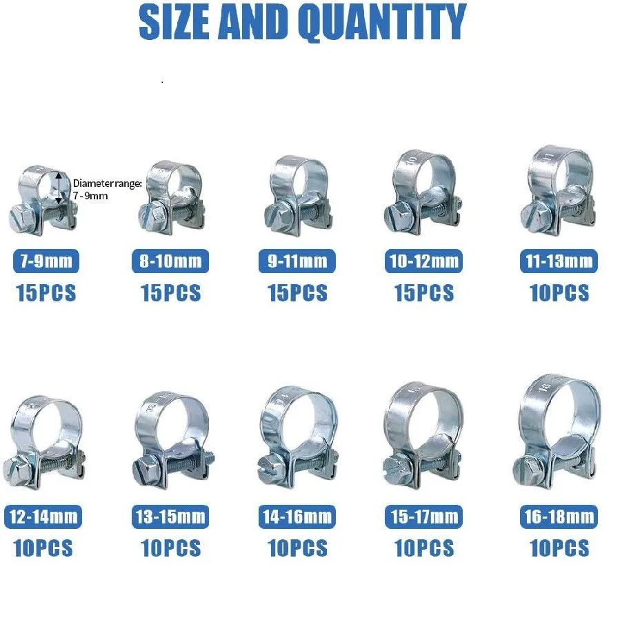 120PCS 10 Size Mini Fuel Injection Hose Clamp Kit Carbon Steel Pipe Clamp Assortment Set