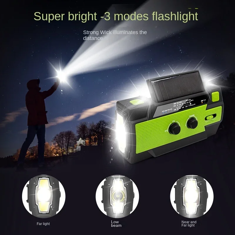 Multi functional emergency radio with flashlight, hand cranked power generation radio, solar portable power generation