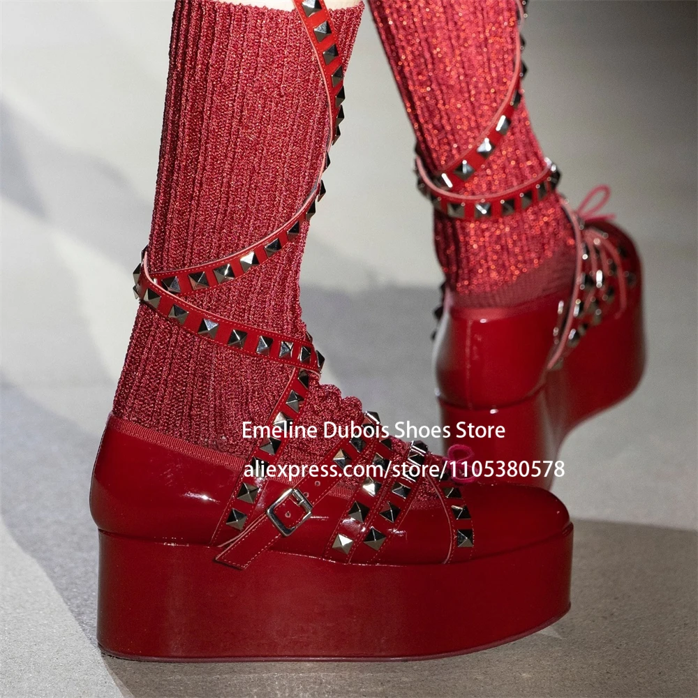 

Patent Leather Bow Studded Platform Wedge Heel Pumps Round Toe Ankle Wrap Mary Jane Shoes Lolita Harajuku Fashion Shoe for Girls