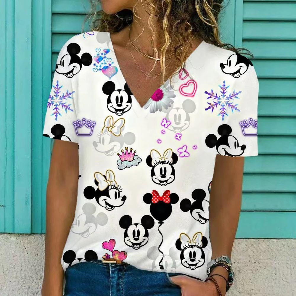 

2022 Fashion New Women T-shirt Elegant Disney Minnie Mickey Cartoon Print ​ladies Tee Casual V-neck Short Sleeve Female Tops