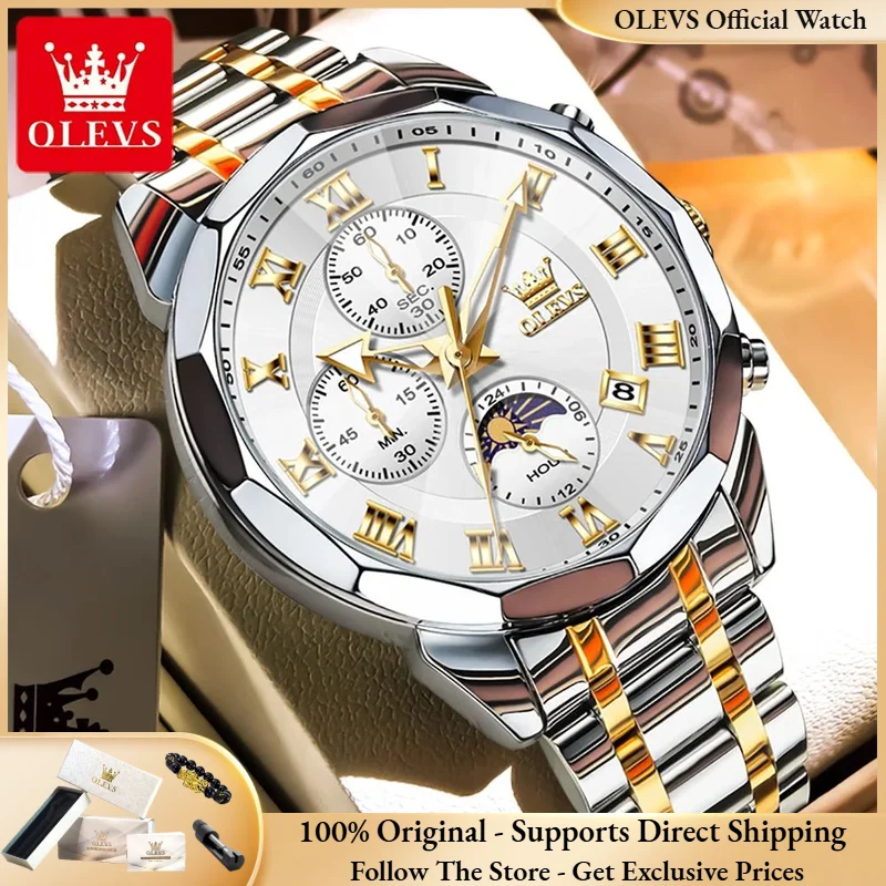 

OLEVS 3675 Men Watch Top Original Luxury Quartz Watch HD Rhombus Mirror Waterproof Moonphase Chronograph Gift Men Watch Reloj