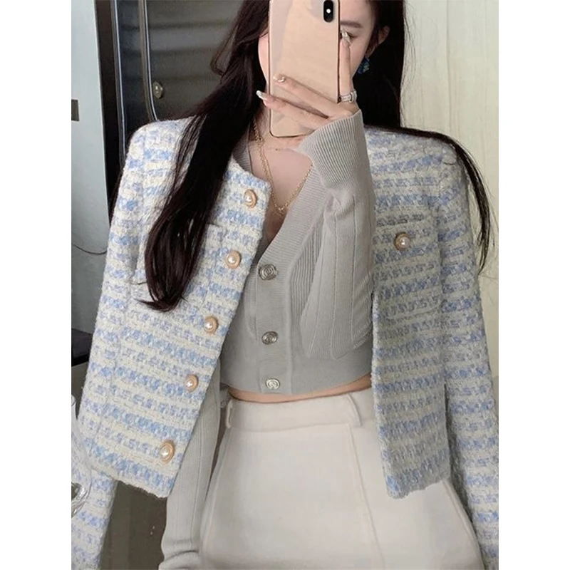 MEXZT Vintage Cropped Jackets Women Korean Tweed Striped Short Coat Spring Autumn Elegant Loose Casual All Match Outwear Tops