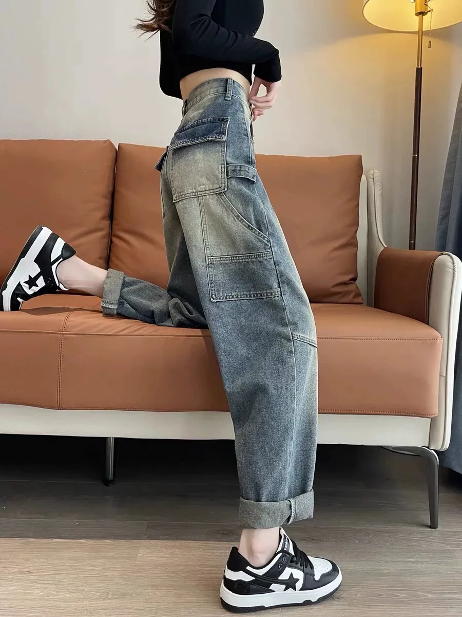 

Y2K рабочая одежда джинсы женские американские ретро брюки-харун с высокой талией для похудения свободный крой миниатюрные осенне-весенние новые ﻿