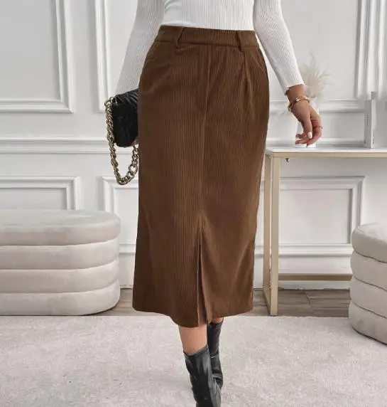 여성 스커트 2025 신상 레트로 코듀로이 하프 스커트 가을 겨울 우아한 출퇴근용 스플릿 하프 스커트