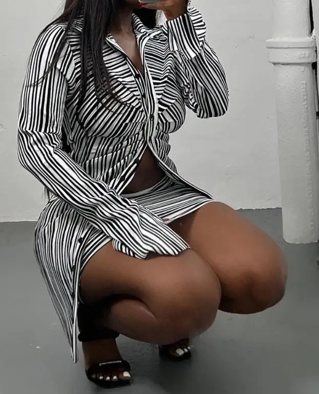 Women's 2PCS Casual Fashion Striped Print Turn-down Collar Ruched Button Long Sleeve Shirt Top and Slim Fit Mini Skirts Set
