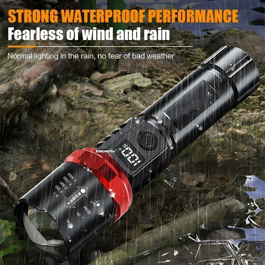 High Strong Power Led Flashlights Tactical Torch with Display Light USB Charging Camping Fishing Emergency Zoom Lantern