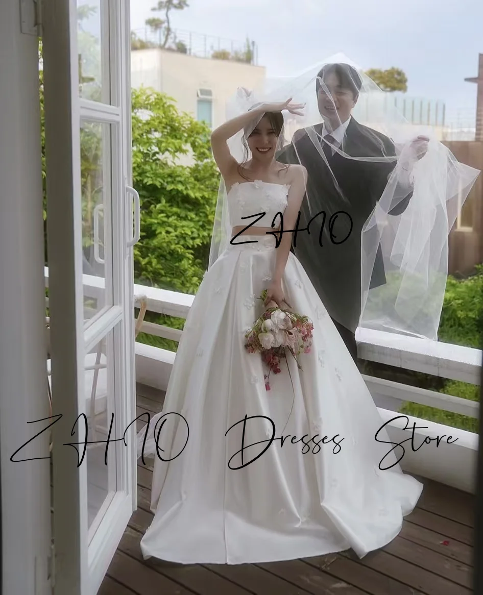 ZHIO Elegant Flowers 2PCS Wedding Party Dress Strapless A-Line Floor Length Ivory Taffeta Korea Photo Shoot Bridal Gown Custom