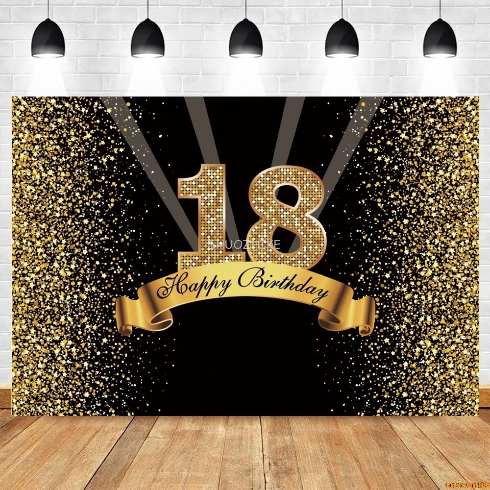 Happy 18th Birthday Backdrop Black Gold Pink Glitter Balloons 18 Years Old Party Customize Photography Background Decor Banner