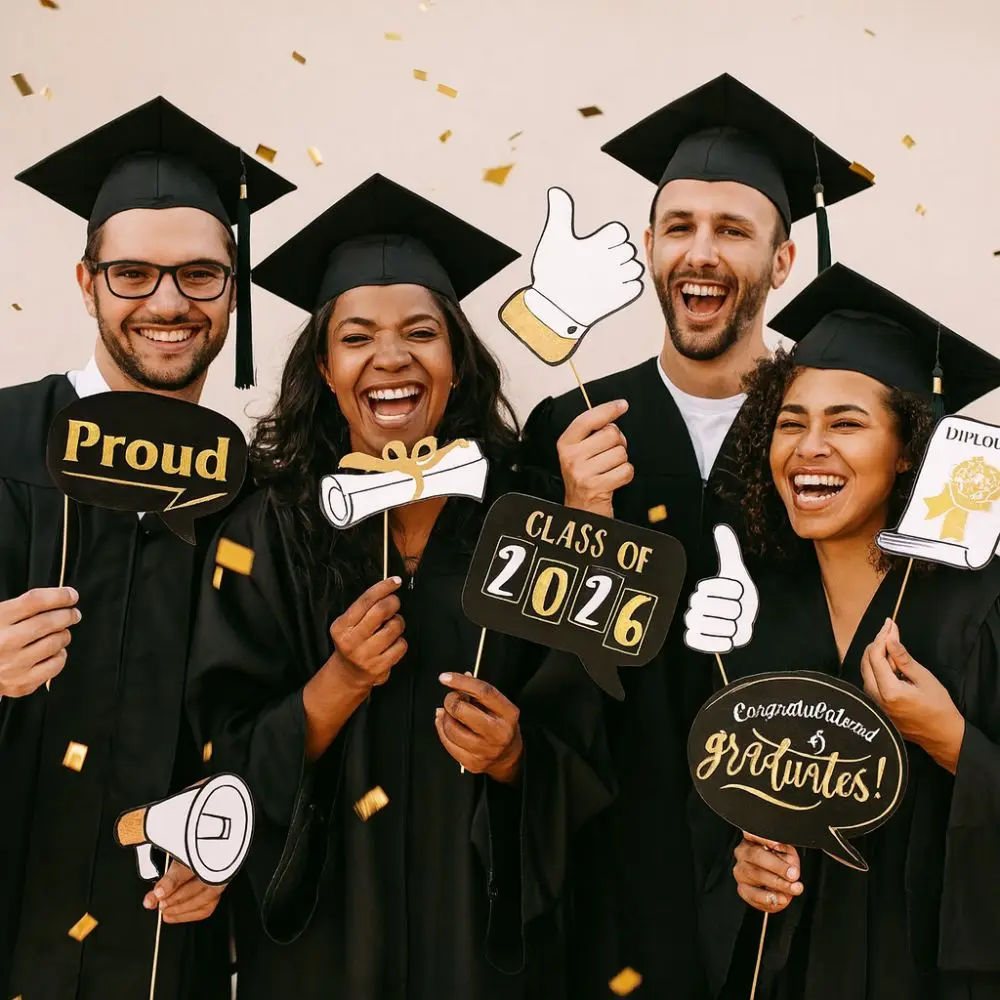 25 uds. Accesorios para fotos de graduación, color negro y dorado, clase de felicitación de 2026, adorno para tarta de graduación, gafas para Barba, gorra de soltero