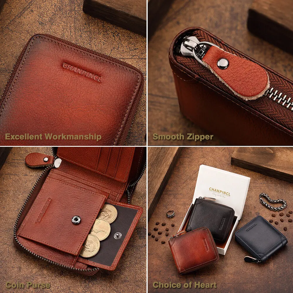 【Genuine Cow Leather】CHANPINCL Men's Wallet Vintage Luxury First Layer Cowhide Short Zipper Retro Male Card Holder