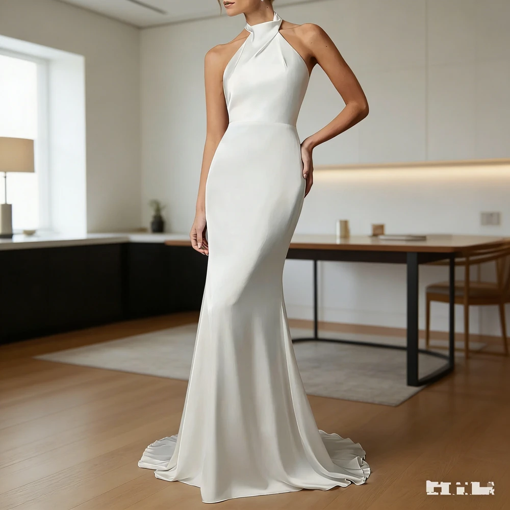 

Customized Elegant Long Simple Wedding Dresses Halter Backless Floor-Length Mermaid Brides Dress Women Vestidos De Novias Gowns