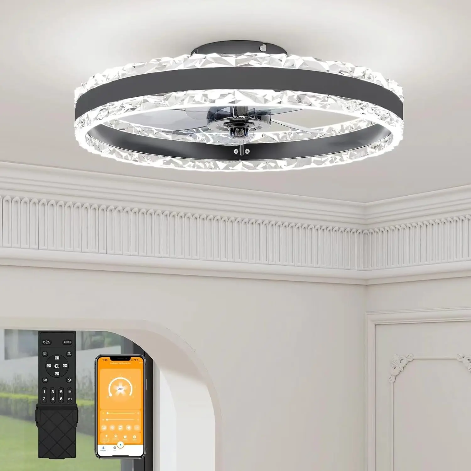 

Low Profile Ceiling Fans with Light and Remote, 19.7in Fandelier Ceiling Fan with Light, 3000K-6500K Dimmable Flush Mount LED Ce