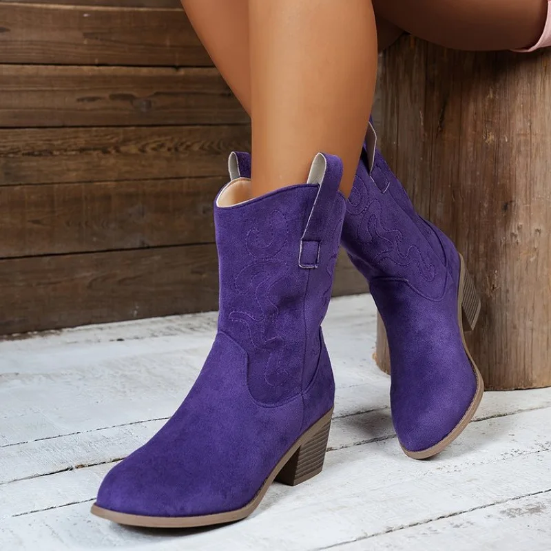Retro pointed thick heel Western cowboy leather boots 2026 women's new casual and fashionable versatile mid top knight boots