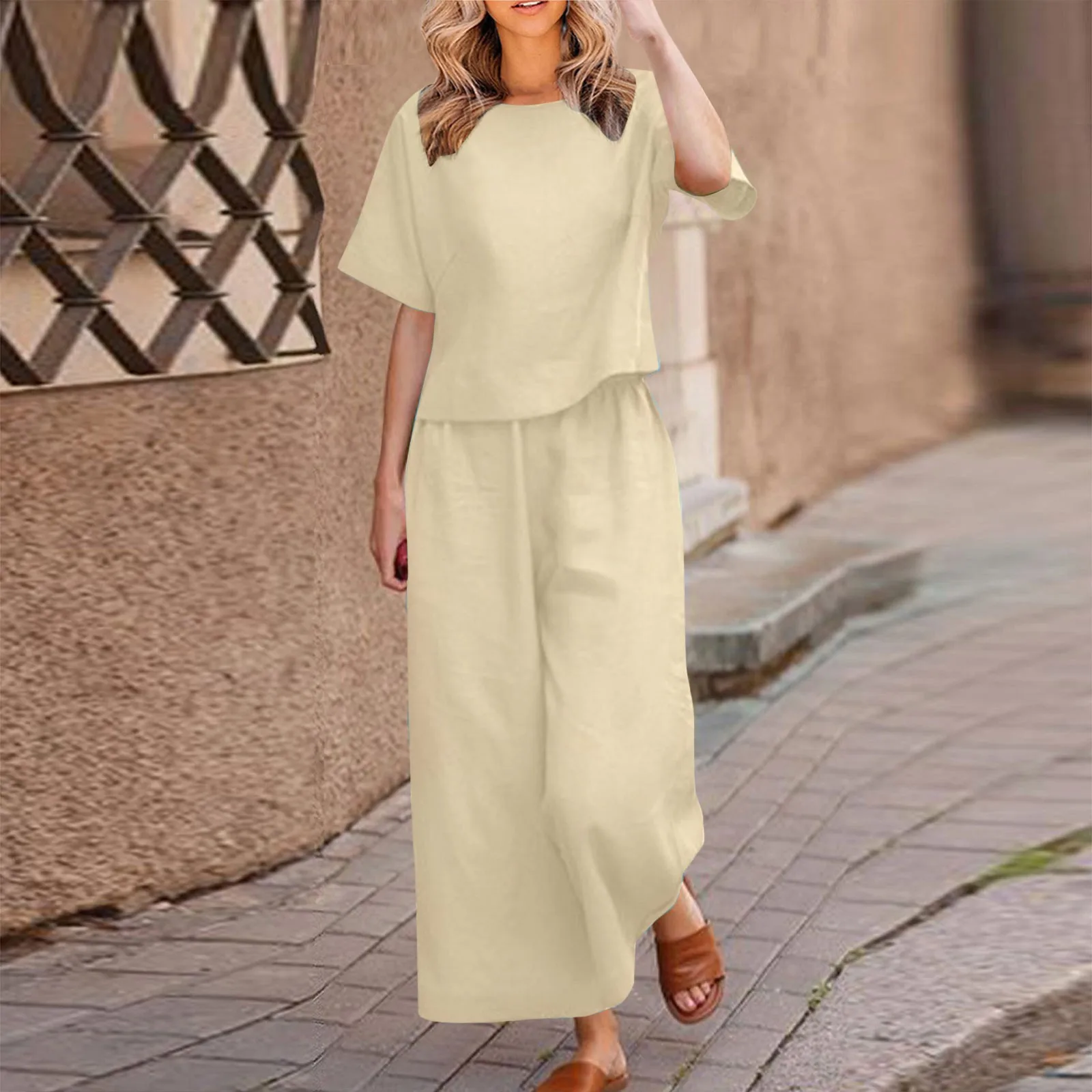 

Women 2 Piece Linen Outfits Casual Suits Cotton Short Sleeve Tops Wide Leg Cropped Trousers Solid Color Oversize Tracksuits