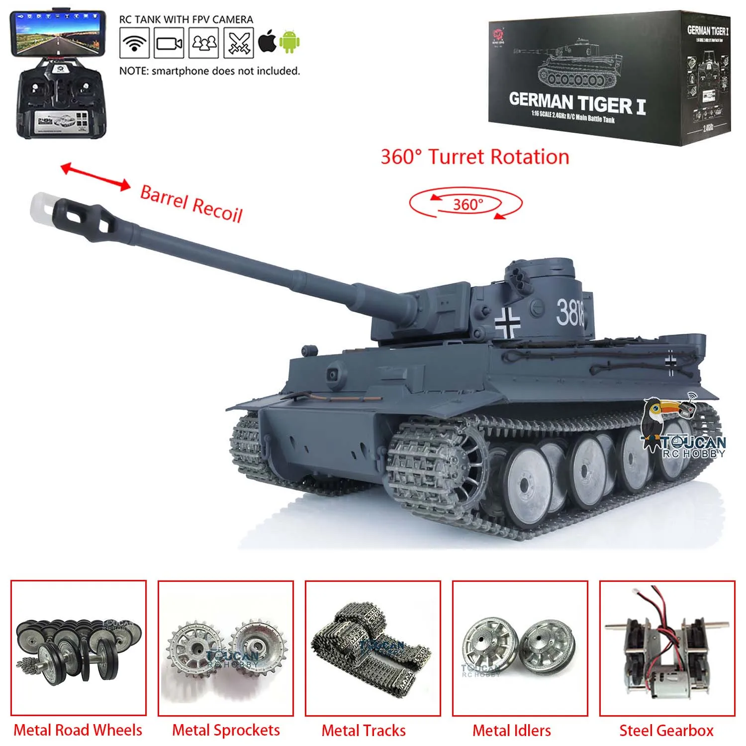 Heng Long 1/16 RC Tank Tiger I 7.0 Ready to Run Model Radio Control Tank 3818 FPV Camera Barrel Recoil Metal Wheels Cars TH17245