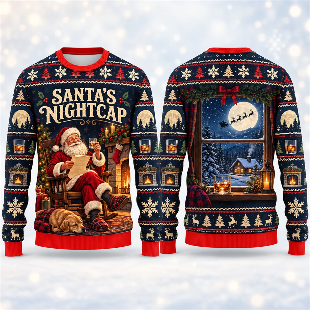 Santa Claus Enjoys Drinking Bar Beer Funny Ugly Sweater For Men Long Sleeve Humour 3D Print Pullover Sweatshirt Christmas Casual