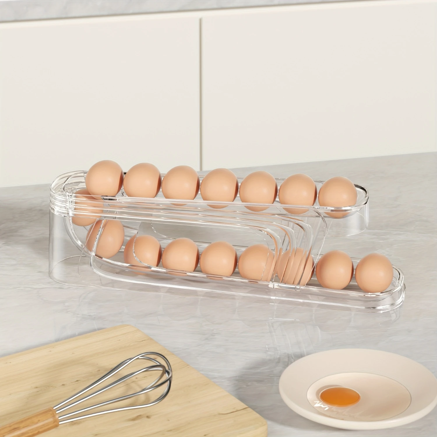 Automatic Rolling Egg Dispenser, Double Layer Egg  Organizer, Clear Plastic Refrigerator Egg Holder with Lid, Food Contact Safe,