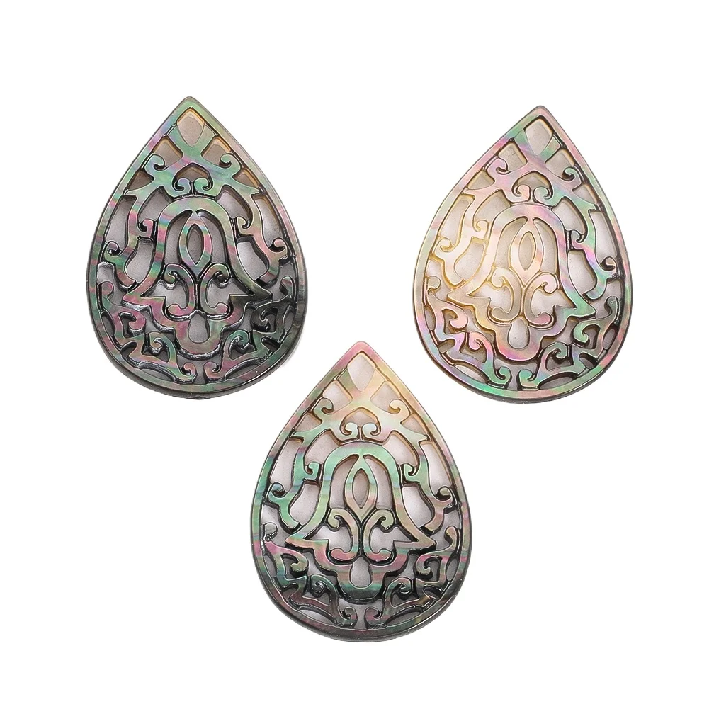 1PC Hollow Shell Carving Pendant Natural Black Mother of Pearl Drop Mandala Shell Charms for DIY Jewelry Making Necklace Earring