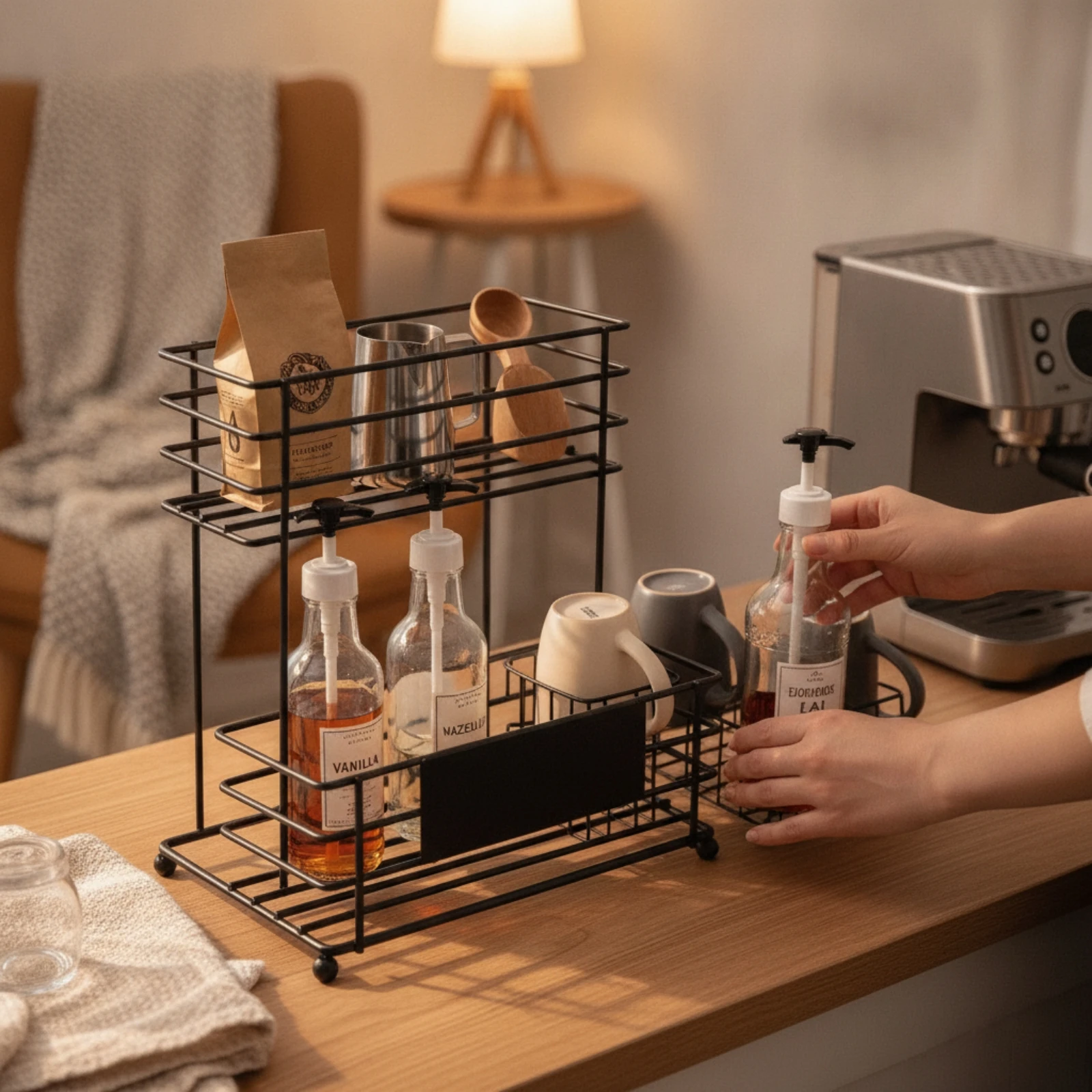 Coffee Syrup Rack Double-Layer Syrup Rack with Wheels Coffee Bar Organizer Mobile Display Shelf Countertop for Baristas, Cafes