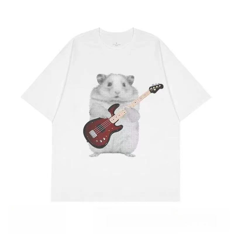 Camiseta Oversized Engraçada com Estampa de Hamster Y2K Verão 2026, Camiseta Casual Streetwear Retrô Rock com Estampa de Hamster e Guitarra Baixo para