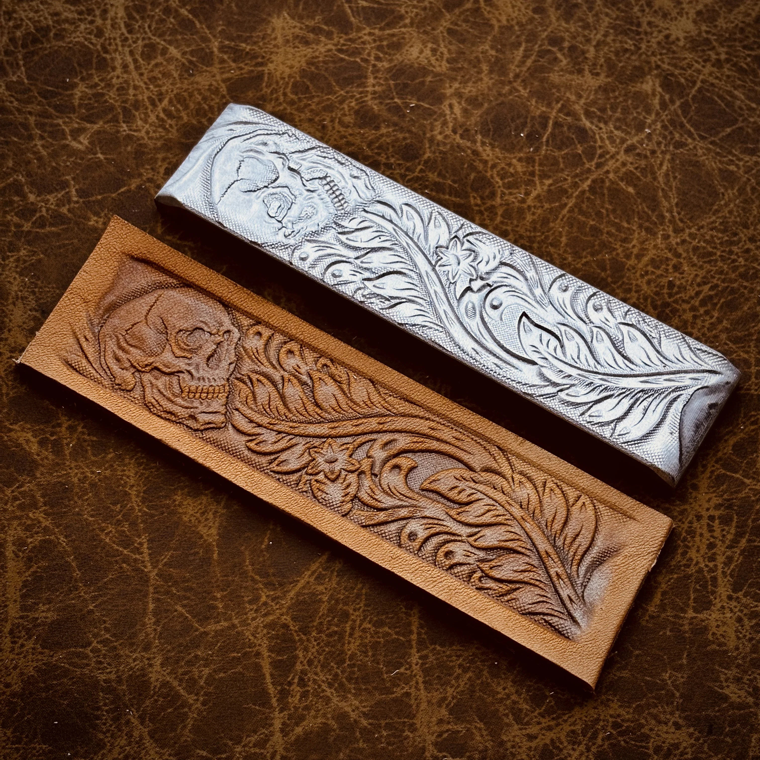 3D Skull Floral Design Leather Embossing Mold Carving Belt Stamp Vintage Craft Tool Cold Press Molding Hydraulic Pressure