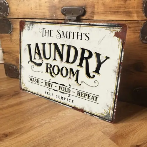 Personalised Laundry Washing Sign Plaque Vintage Retro Shabby Chic - -Aluminum