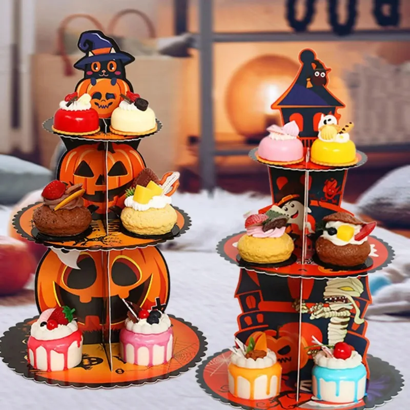1-4PCS 3 Tier Spiderweb Dessert Stand Decor for Halloween Party Table Centerpiece Display Cake Tray Paper Dim Sum Rack