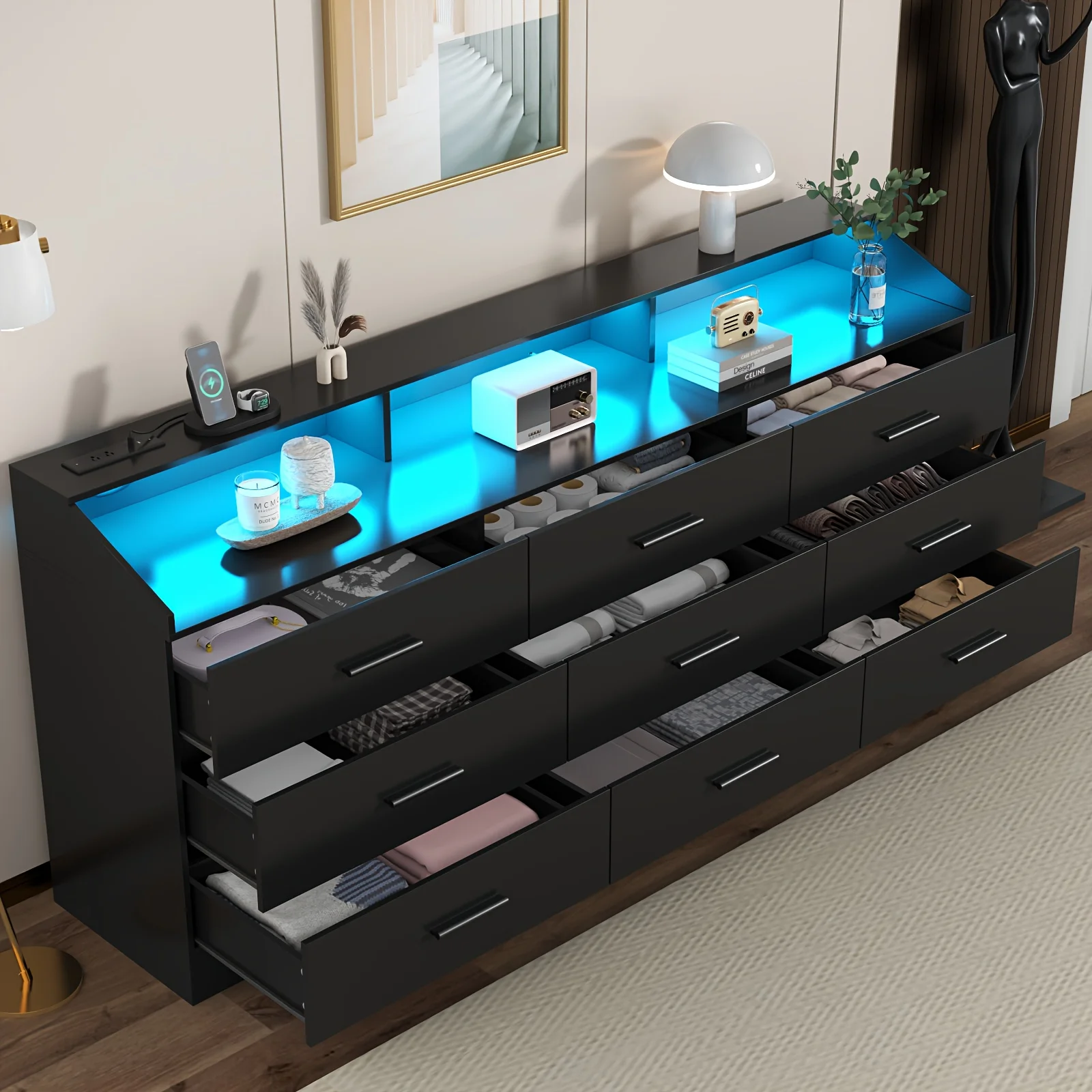 

Dresser for Bedroom, Closet Organizers And Storage, Chest Of Drawers for Bedroom, 9 Drawer Double Dresser, Storage with Power Ou