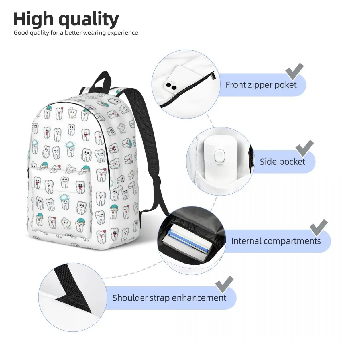 Mochila de Odontología con dientes bonitos para preescolar, guardería, escuela, estudiante, niño, niña, niños, día al aire libre