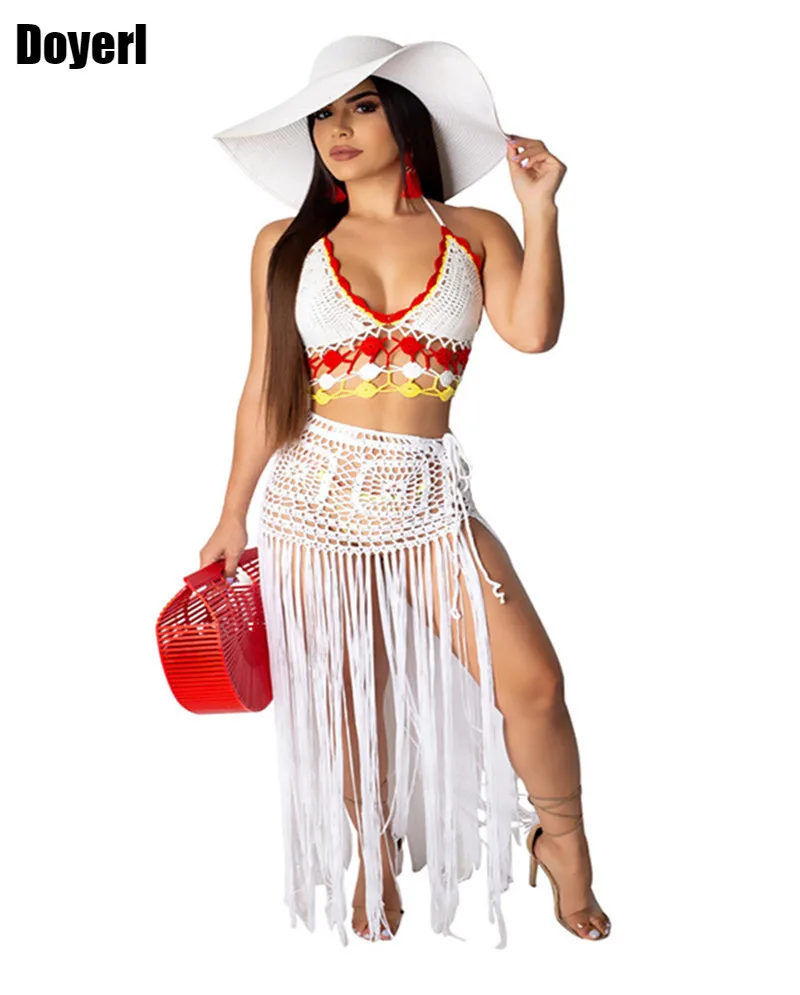 Handmade Crochet Beach Sexy Two Piece Set Dress Women Summer Clothes Hollow Out Crop Top Skirt Set Tassel 2 Piece Matching Set