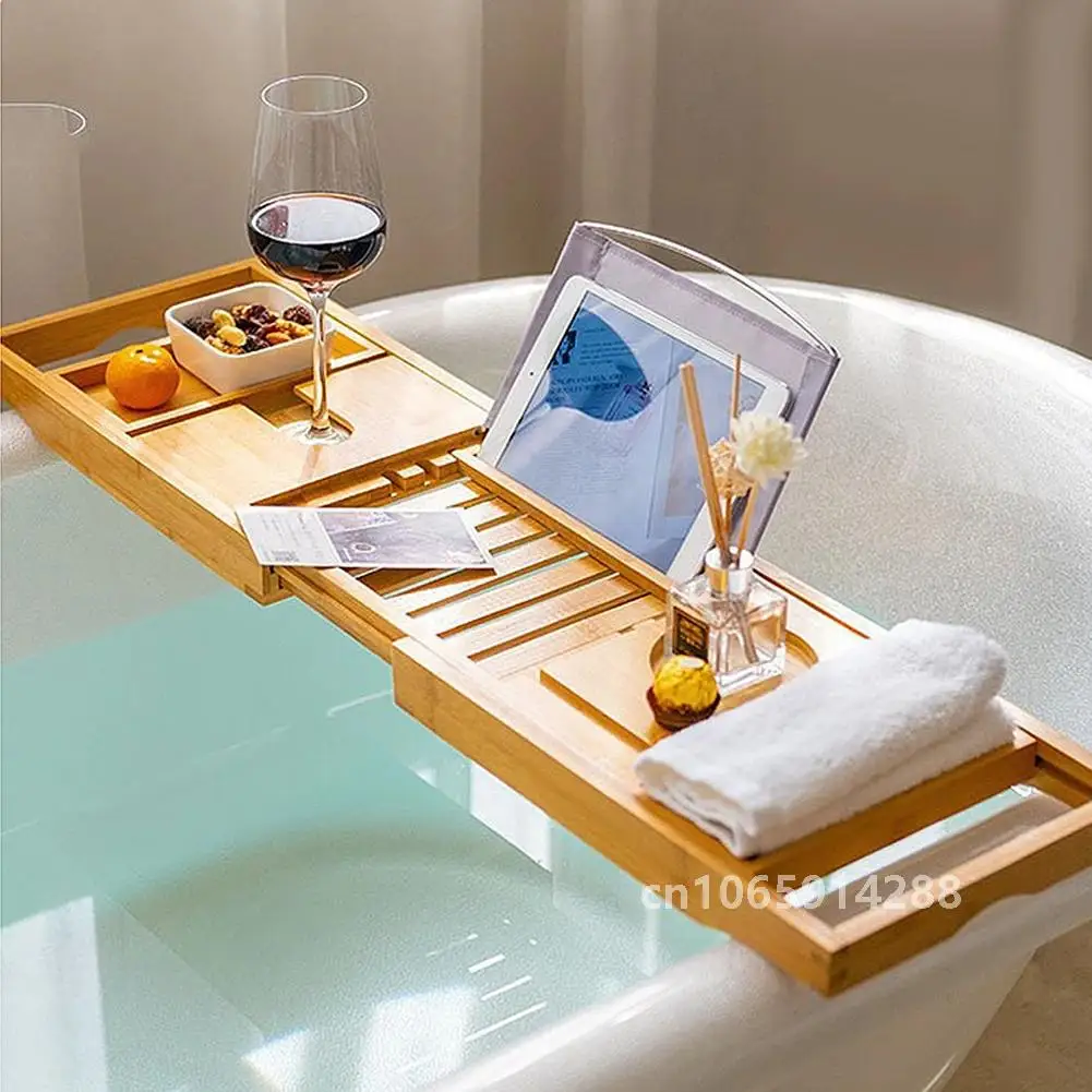 Bamboo Bathtub Caddy Tray Adjustable Wood Bath Tub Organizer with Cup Wine Holder Soap Dish Book Space Phone Slot for Shower