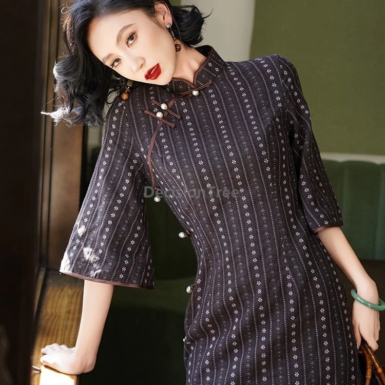 

2021, винтажное жаккардовое Ципао с широкими рукавами в китайском стиле, осенний новый дизайн, улучшенное ежедневное Ципао, элегантное Ципао для отдыха, Cheongsam