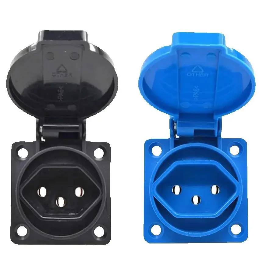 1pcs Blue Black 2P+E 20A Brazil Outdoor Waterproof Industry Power Socket Wall Wiring AC Receptacle Panel Outlet 50*50mm IP44
