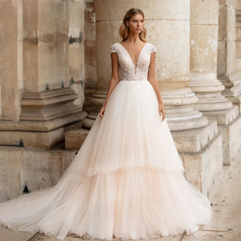 

Simplicity Wedding Dress Ruffled Organza With Embroidery A-Line Floor Length Ball Gown Sleeveless V-Neck Bride Dress Customized