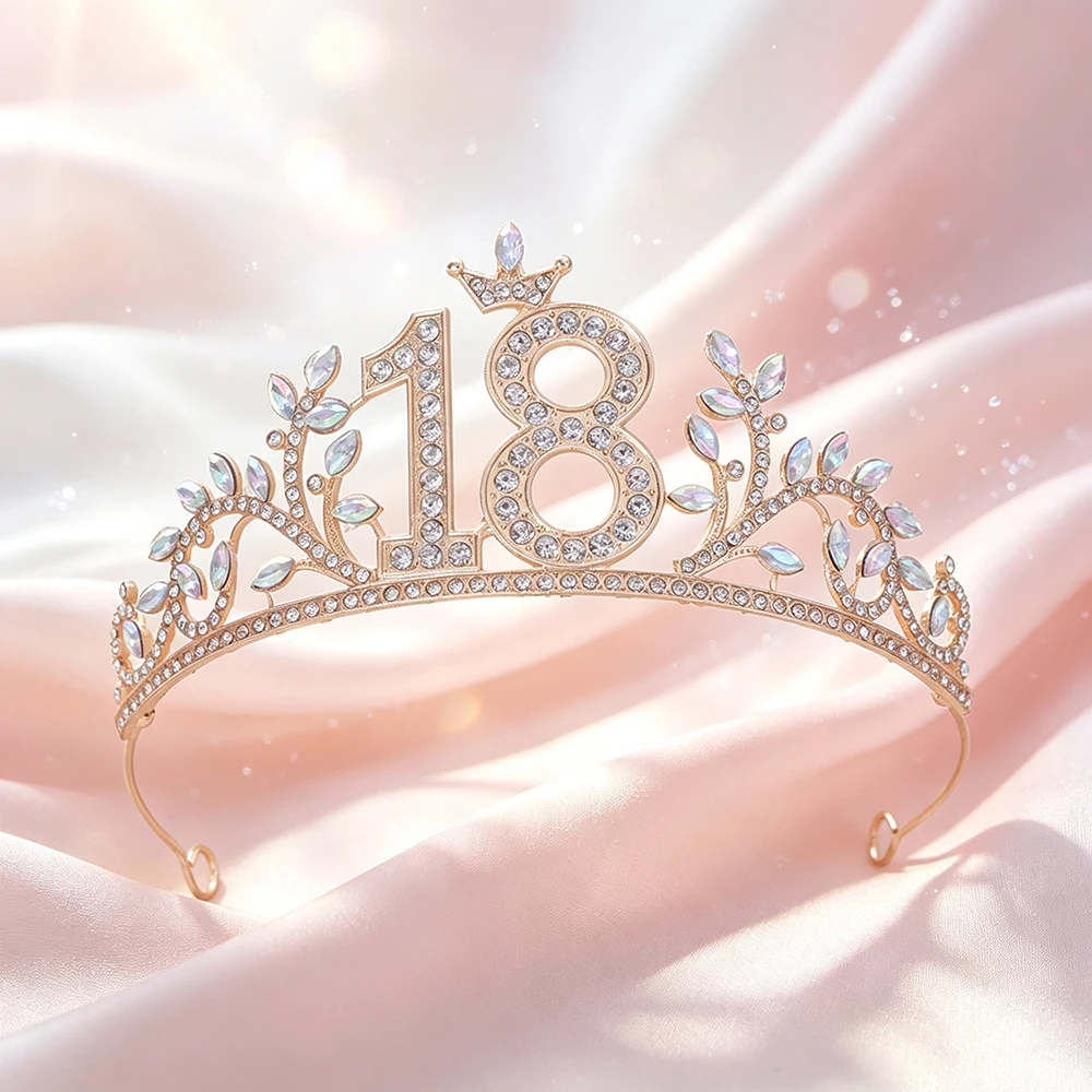 18th Birthday Tiara Crown Rhinestone Leaf Crystal Headband Women Sweet 18 Party Quinceanera Prom Celebration Hair Accessories