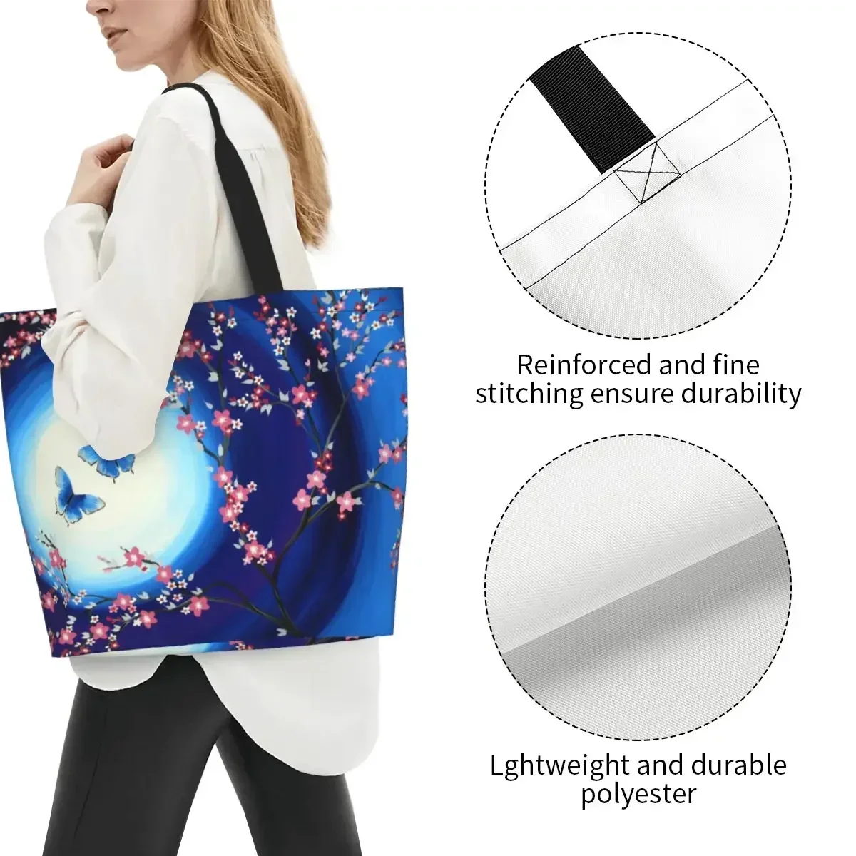 أزهار الكرز الفراشات البقالة حمل أكياس التسوق زهرة الأزهار قماش المتسوق حقيبة كتف حقائب اليد ذات سعة كبيرة